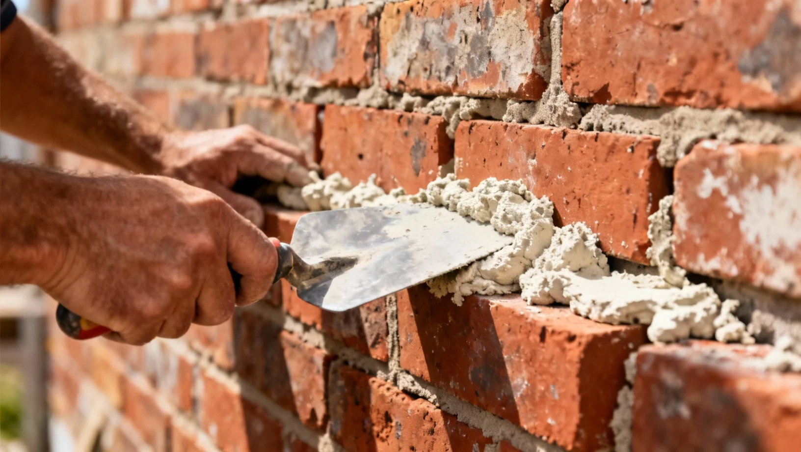 Artisan appliquant du mortier à la chaux entre des briques anciennes